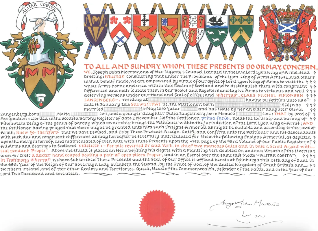 Letters Patent of the Lord Lyon King of Arms, 27 June 2017